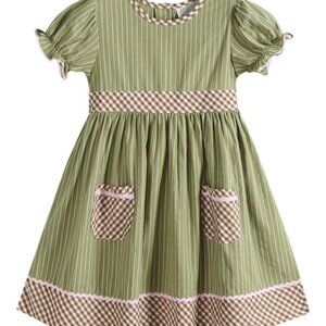 Lil Cactus Baby Girl Sage Striped Gingham Pocket Dress w/sash Size 18-24 M NEW